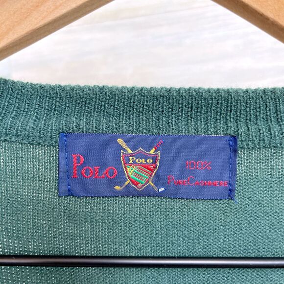POLO Ralph Lauren Pure Cashmere Sweater Green Golf Shield Logo Vintage Mens XL - Picture 7 of 8